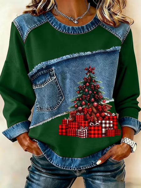 Women Christmas Crew Neck Printing Vintage Spring/Fall Long Sleeve Sweatshirt