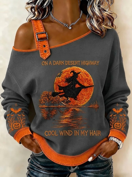 Women Halloween Asymmetrical Buckle Casual Spring/Fall Long Sleeve Sweatshirt