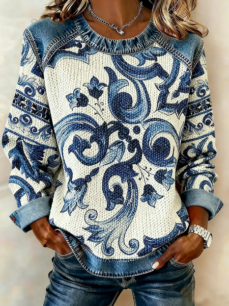 Women Abstract Crew Neck Printing Vintage Spring/Fall Long Sleeve Sweatshirt
