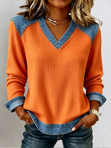 Women Plain V Neck Printing Vintage Spring/Fall Long Sleeve Sweatshirt