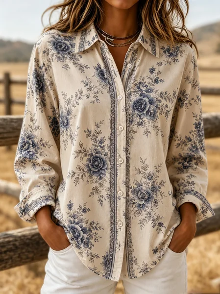 Women Floral Shawl Collar Long Sleeve Shirt Vintage Daily Spring/Fall Top