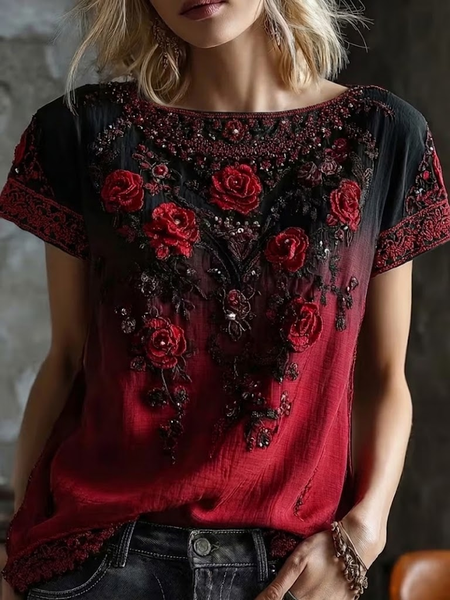Women Floral Short Sleeve Tee T-shirt Crew Neck Printing Casual Graphic Tee Summer Top
