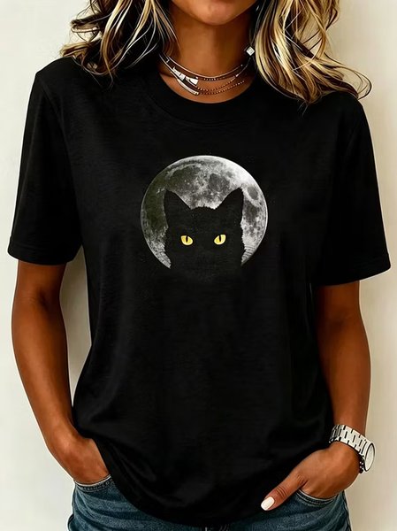 Casual Cat Crew Neck Short Sleeve T-shirt