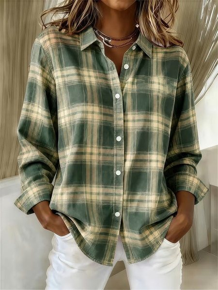Women Plaid Shirt Collar Long Sleeve Shirt Buckle Regular Sleeve Casual Daily Spring/Fall Top