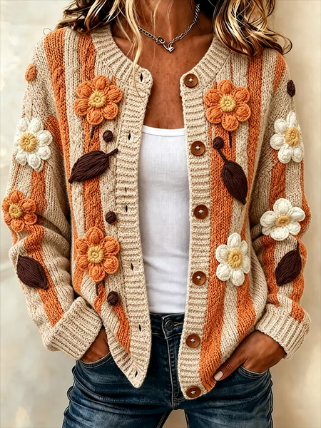 Women Floral Printing Long Sleeve Crew Neck Vintage Spring/Fall Cardigan Outerwear