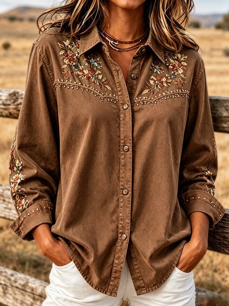 Women Floral Shawl Collar Long Sleeve Shirt Vintage Daily Spring/Fall Top