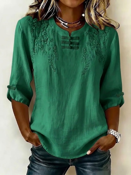 Mandarin Collar Half Sleeve Floral Printing Regular Micro-Elasticity Regular Fit Blouse For Women