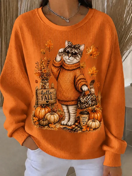Women Cat Crew Neck Printing Casual Spring/Fall Long Sleeve Sweatshirt