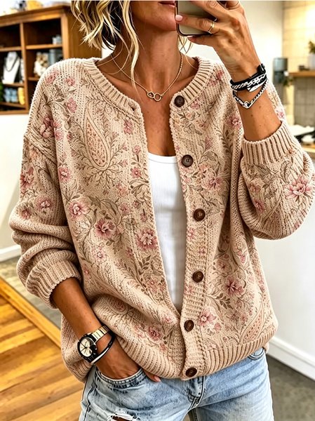 Women Floral Long Sleeve Crew Neck Casual Spring/Fall Cardigan Outerwear