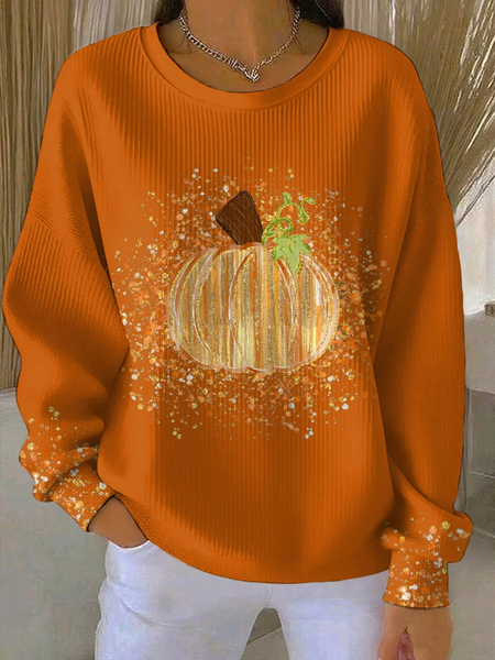 Women Halloween (pumpkin) Crew Neck Printing Casual Spring/Fall Long Sleeve Sweatshirt