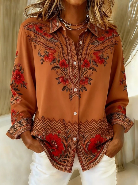Women Floral Casual Shirt Shirt Collar Long Sleeve Buckle Top