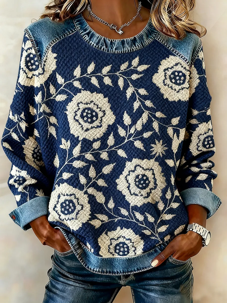 Women Floral Crew Neck Printing Vintage Spring/Fall Long Sleeve Sweatshirt