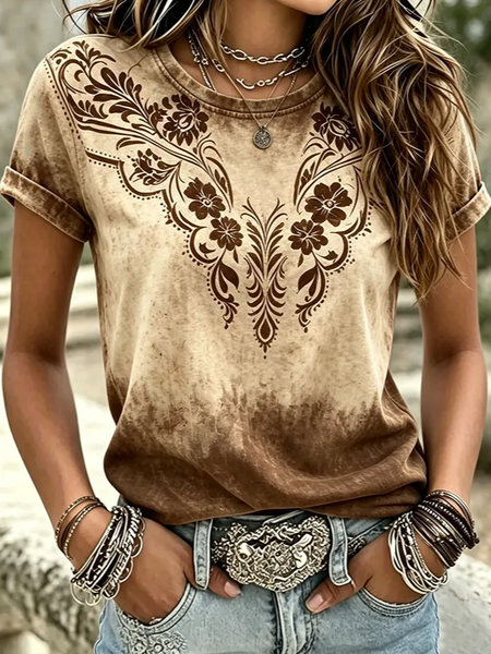 Women Wild West Short Sleeve Tee T-shirt Crew Neck Printing Casual Graphic Tee Summer Top