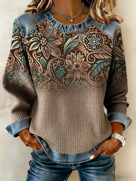 Women Floral Crew Neck Printing Vintage Spring/Fall Long Sleeve Sweatshirt