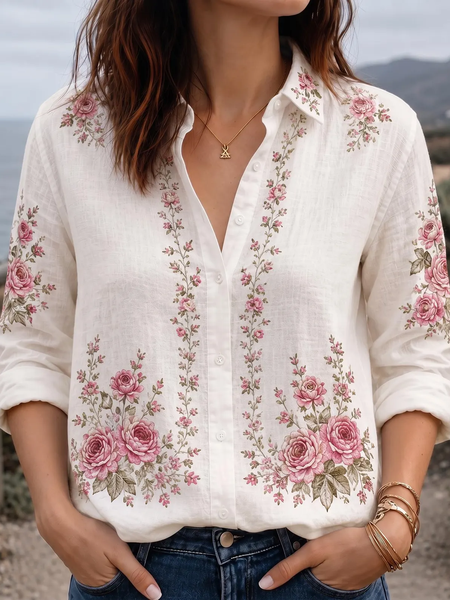 Women Floral Shirt Collar Long Sleeve Shirt Printing Vintage Daily Spring/Fall Top