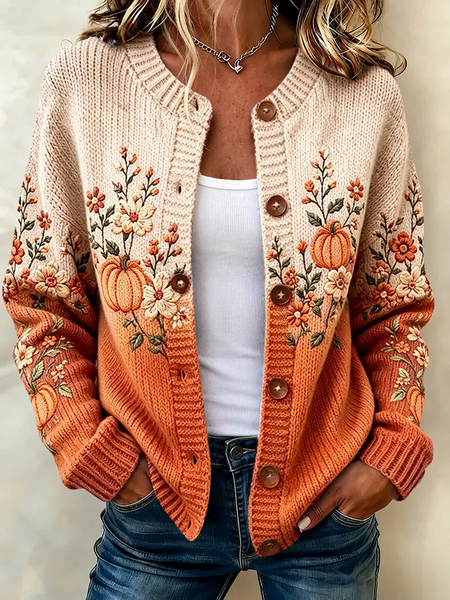 Women Floral Printing Long Sleeve Crew Neck Vintage Spring/Fall Cardigan Outerwear