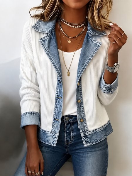 Women Contrast Stitching Split Joint Long Sleeve Lapel Collar Vintage Spring/Fall Jacket Outerwear