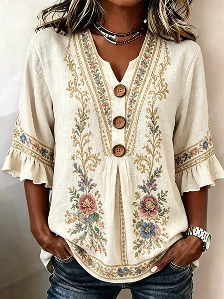 Women Floral V Neck Half Sleeve Blouse Casual Daily Summer Top