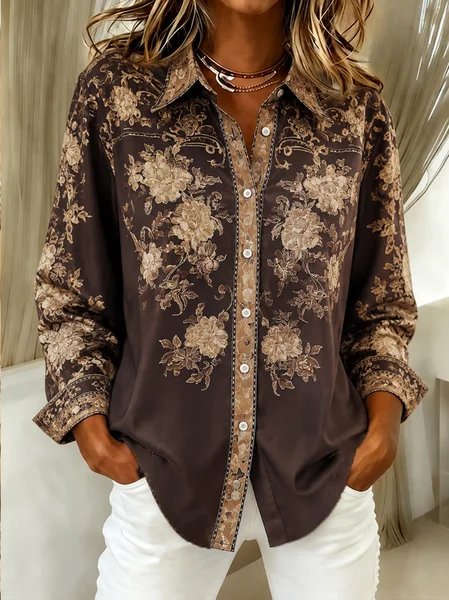 Women Floral Shawl Collar Long Sleeve Shirt Vintage Daily Spring/Fall Top