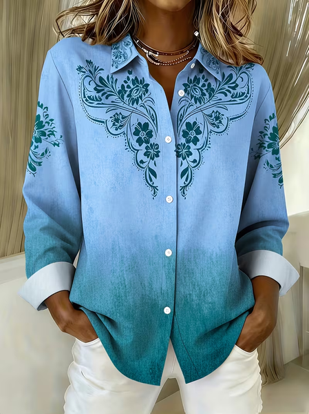 Women Floral Shirt Collar Long Sleeve Shirt Buckle Regular Sleeve Casual Daily Spring/Fall Top