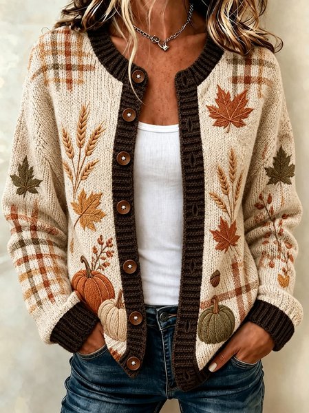 Women Maple Leaf Long Sleeve Crew Neck Casual Spring/Fall Cardigan Outerwear