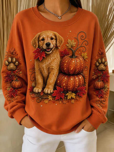 Women Dog Crew Neck Casual Spring/Fall Long Sleeve Sweatshirt