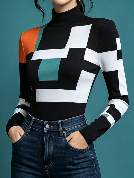 Medium Elasticity Casual Geometric Mock Neck T-shirt