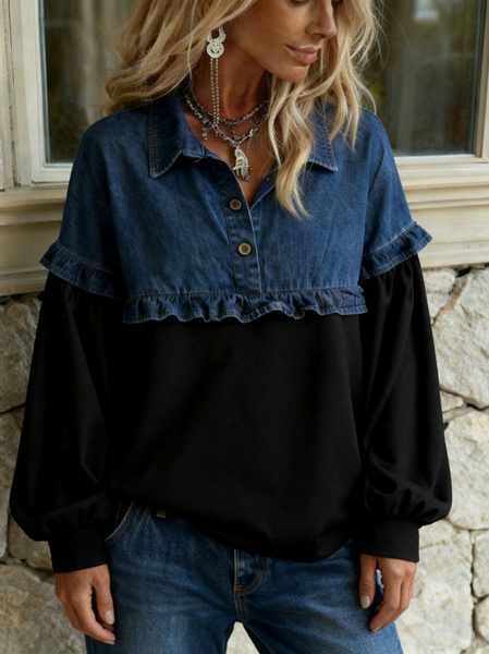 Women Plain Half Open Collar Split Joint Vintage Spring/Fall Long Sleeve Sweatshirt