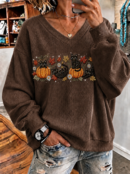 Women Cat V Neck Casual Spring/Fall Long Sleeve Sweatshirt