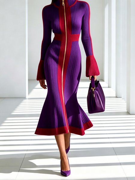 Elegant Color Block Turtleneck Sweater Midi Dress 1 Elegant Color Block Turtleneck Sweater Midi Dress