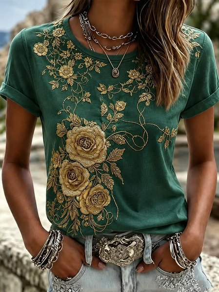 Women Floral Short Sleeve Tee T-shirt Crew Neck Casual Summer Top