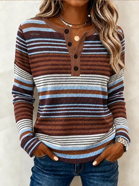 Women Striped Long Sleeve Tee T-shirt Henley Collar Casual Spring/Fall Top