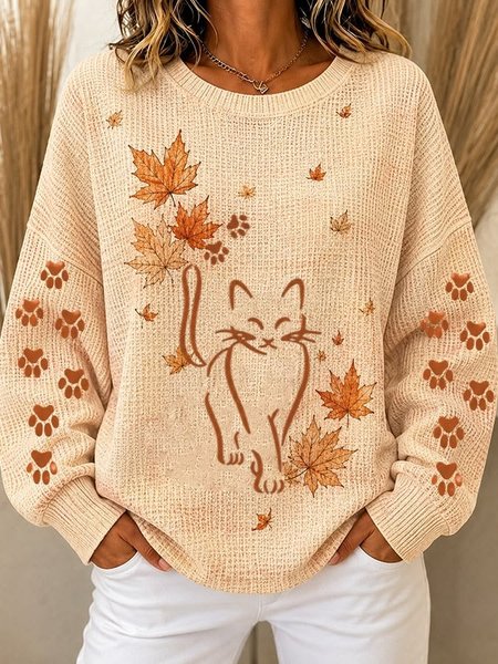 Women Cat Crew Neck Casual Spring/Fall Long Sleeve Sweatshirt