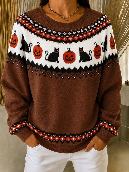 Women Cat Crew Neck Printing Casual Spring/Fall Long Sleeve Sweatshirt
