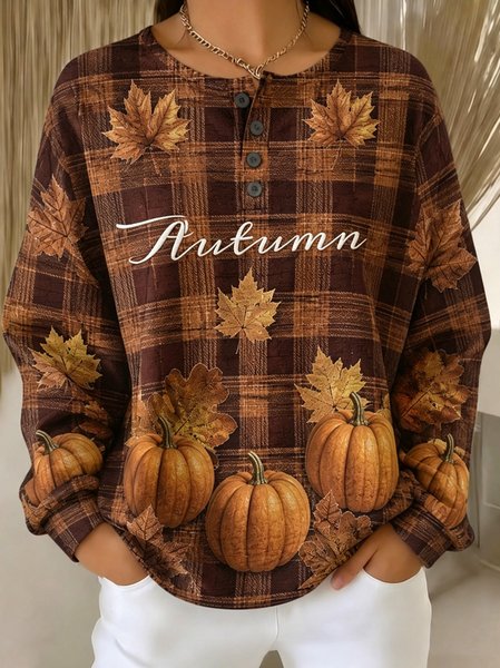 Women Plaid Henley Collar Casual Spring/Fall Long Sleeve Sweatshirt