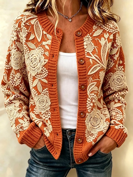 Women Floral Printing Long Sleeve Crew Neck Vintage Spring/Fall Cardigan Outerwear