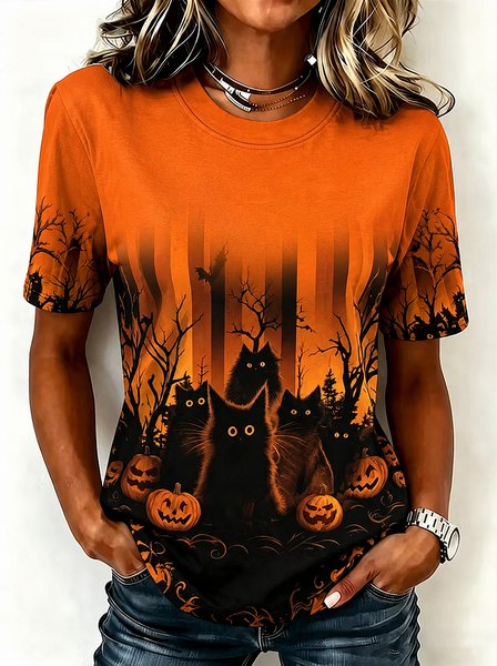 Women Halloween Short Sleeve Tee T-shirt Crew Neck Printing Vintage Summer Top