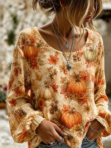 Women Maple Leaf Crew Neck Long Sleeve Blouse Printing Vintage Daily Spring/Fall Top
