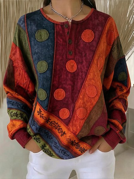 Women Geometric Henley Collar Boho Spring/Fall Long Sleeve Sweatshirt