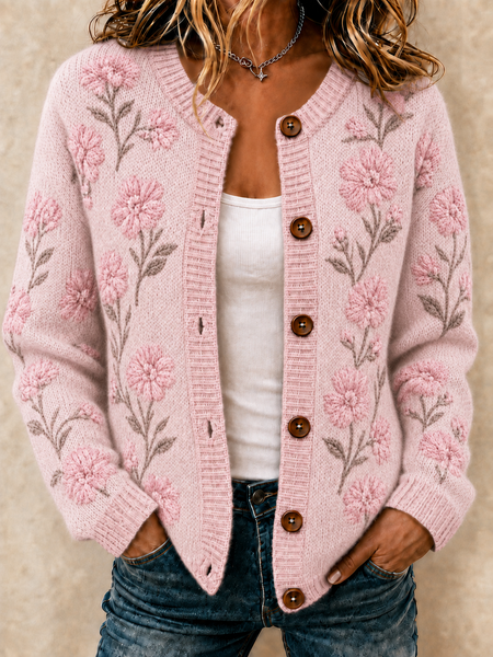 Women Floral Long Sleeve Crew Neck Vintage Spring/Fall Cardigan Outerwear