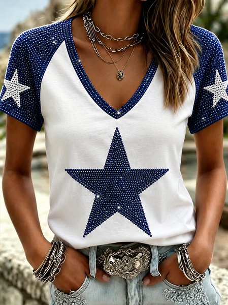 Women Geometric Short Sleeve Tee T-shirt Crew Neck Casual Summer Top
