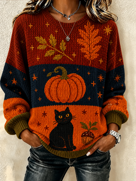 Women Pumpkin Pattern Crew Neck Printing Casual Spring/Fall Long Sleeve Sweatshirt
