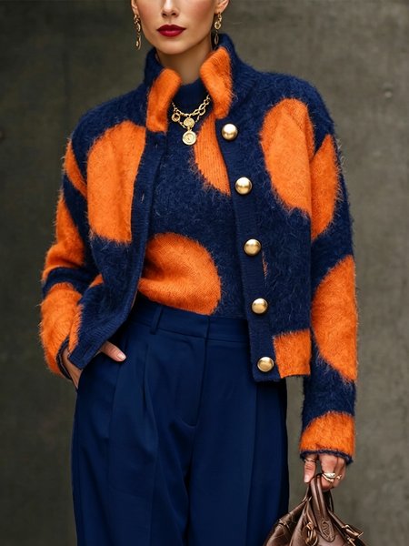 Casual Polka Dot Mock Neck Button Trim Fuzzy Cardigan Coat 1 Casual Polka Dot Mock Neck Button Trim Fuzzy Cardigan Coat