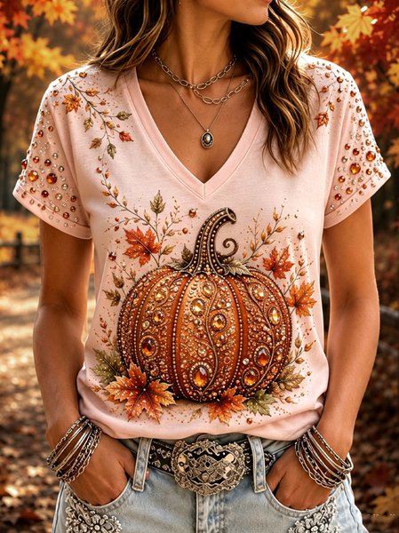 Women Pumpkin Pattern Short Sleeve Tee T-shirt V Neck Casual Summer Top