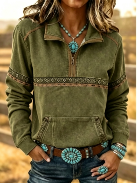 Women Wild West Stand Collar Western Style Spring/Fall Long Sleeve Sweatshirt