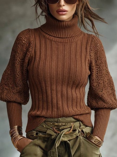 Urban Plain Turtleneck Puff Sleeve Sweater