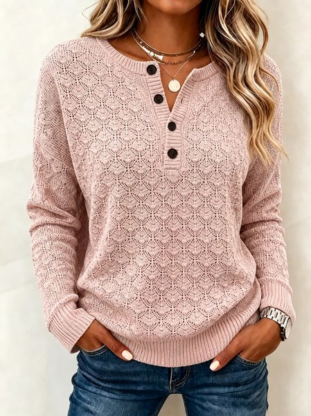 Women Geometric Long Sleeve Tee T-shirt Henley Collar Casual Spring/Fall Top