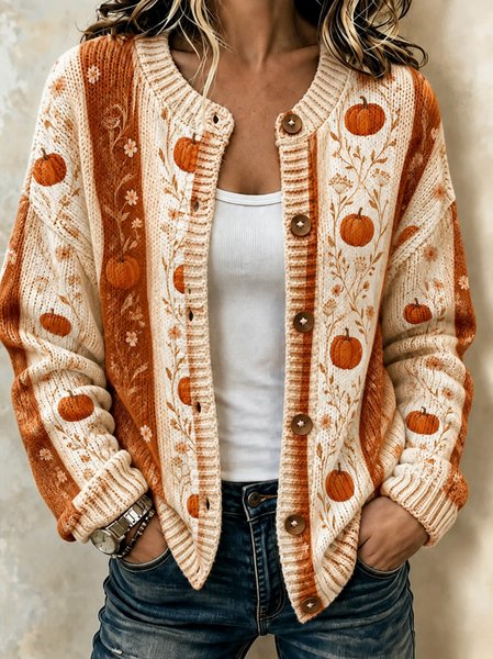 Women Floral Long Sleeve Crew Neck Casual Spring/Fall Cardigan Outerwear