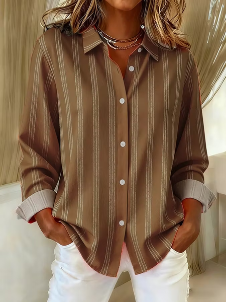Women Striped Shirt Collar Long Sleeve Shirt Vintage Daily Spring/Fall Top