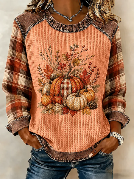 Women Plaid Crew Neck Printing Vintage Spring/Fall Long Sleeve Sweatshirt